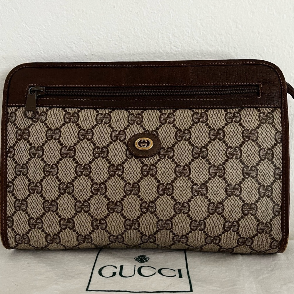 Vintage Gucci GG Supreme Monogram and Brown Leather Portfolio Clutch 1970s EUC